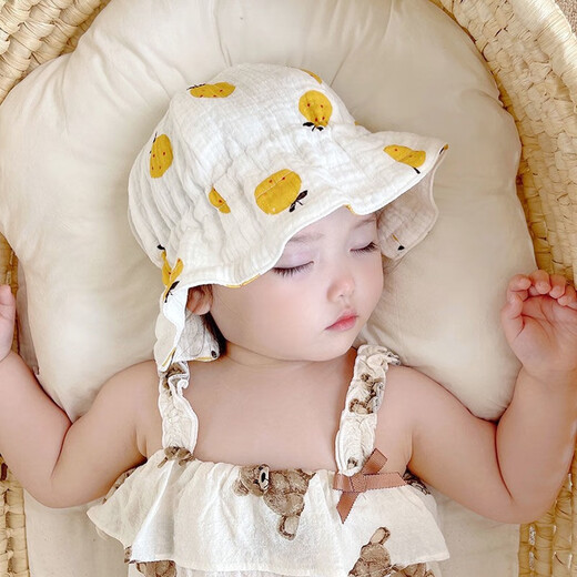有彩春夏季婴儿帽子超洋气男女宝宝纱布盆帽遮阳帽儿童渔夫帽 白色-小熊抽绳调节渔夫帽 均码(适合0-18个月)可调节