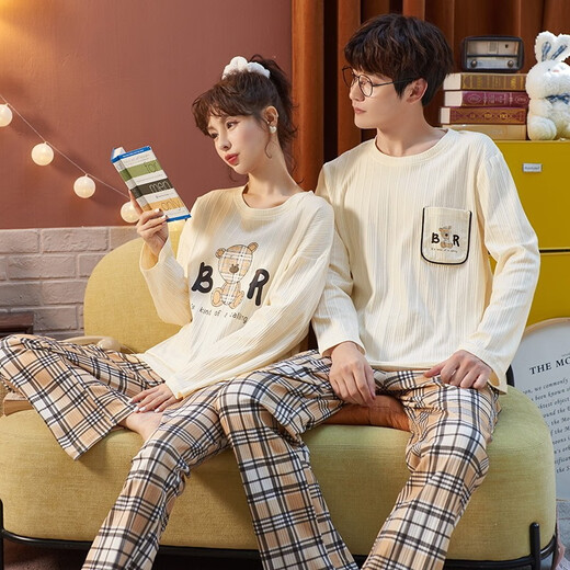 Manzhiban couple pajamas spring and autumn pure cotton long sleeve Korean style teenagers for men and women in autumn cute 2021 new winter QM men 1592 women 2592 single set price-women M