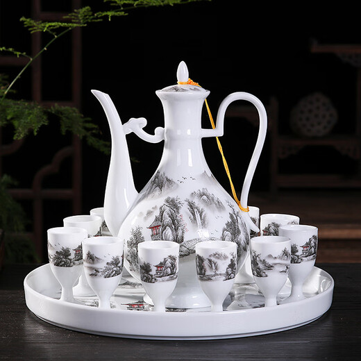 Xihe Yinyao Xihetang Jingdezhen Ceramic Wine Set Liquor Goblet Spirit Cup Blue and White Wine Pot Set Wine Cup Snow Scenery Style (1 Pot, 10 Cups, 1 Tray)
