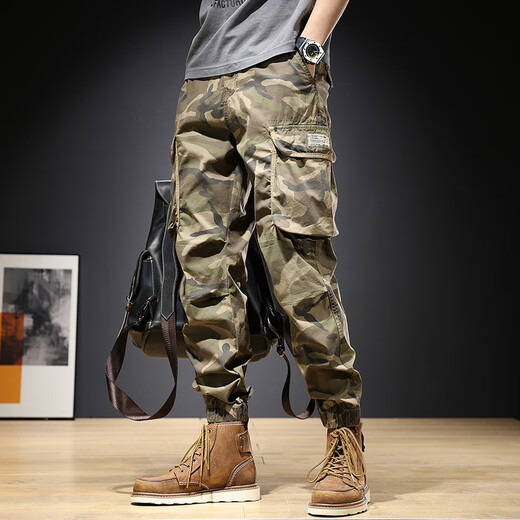XCFEHT AMERICAN Retro Salopets pour hommes Pantalon de camouflage droit desserres pour hommes Pantalon décontracté pour l'automne et l'hiver Petits pieds pantalons harem 679 Gray 28