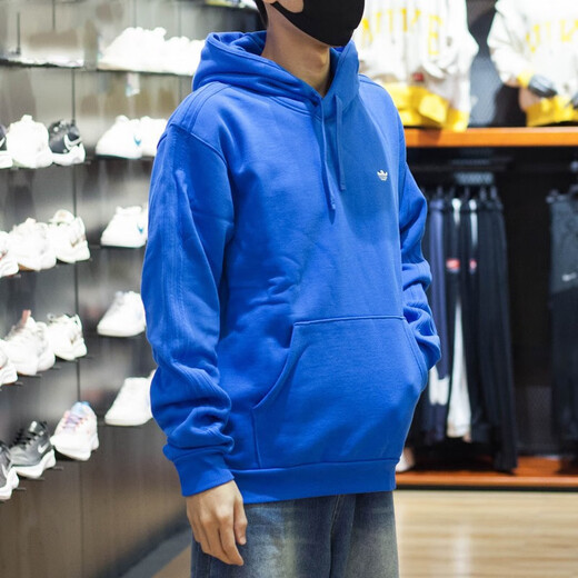 阿迪达斯 （adidas）卫衣男士春秋季三叶草运动服针织连帽休闲上衣套头衫 HK9866蓝色磨毛毛圈  L