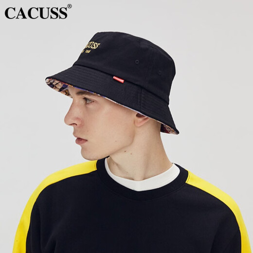 CACUSS hat men's and women's fisherman hat cotton spring and summer sunshade hat national trend embroidered outdoor sun hat basin hat black