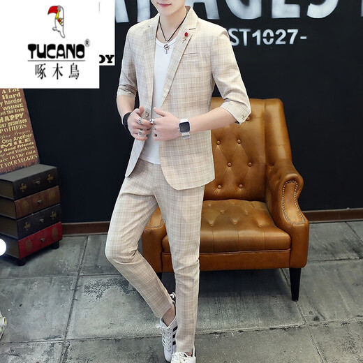 Pic (Tucano) Été de costume décontracté d'été pour hommes ensemble de style coréen jeune tendance slim ajustement petite à mi-manche 9902 kaki [top + pantalon] m