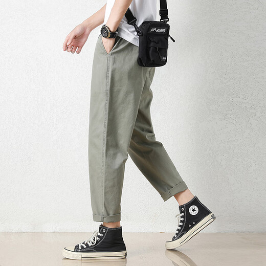 
Jewish casual pants for men in summer new loose ice silk straight sport nine-point pants for men conical Korean style trousers 9904 gray-green M