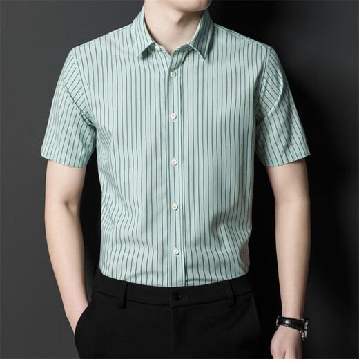 JASONWOOD high-end brand men's short-sleeved shirt men's summer thin stripes business casual loose men's shirt top light gray stripes L 175/50