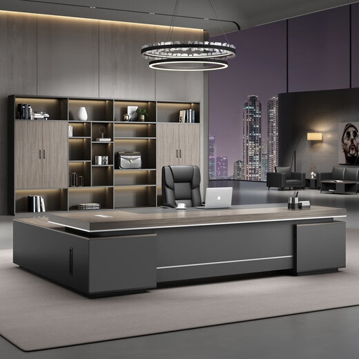 Boss desk and chair combination, high-end office, simple and modern, president computer desk, large board table, manager desk, executive desk, ebony wood + iron gray, 2.6m desk and chair + 2.8m bookcase