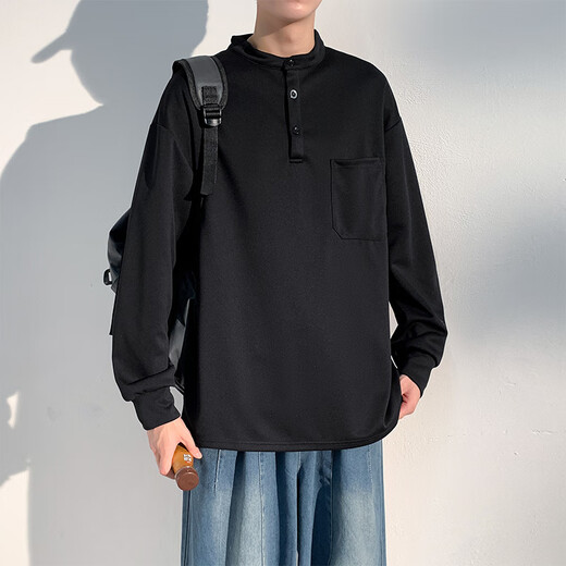 Homlean American retro long-sleeved T-shirt men's autumn Henry collar loose casual sweatshirt bottoming shirt HM07 black 2XL