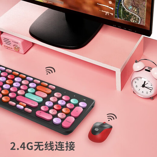 Fude Wireless Keyboard und Maussatz IK6630 wieder aufladen laufbarer Laptop-Desktop Computer Universal Business Retro Aussehen niedliche Mädchen-Tasten und Maus-Set [farbenfrohe Schwarz] wiederaufladbare 2,4g- Tasten und Maus-Set 98 Tasten