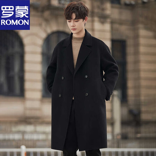 罗蒙（ROMON）高端双面呢外套男士羊毛呢子大衣中长款冬季加厚韩版高级感风衣潮 黑色 S110斤以内