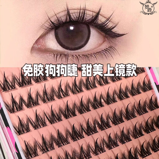Menglu glue-free 10 rows of thick dog eyelashes for lazy people with small breasts, cartoon canine super soft eyelashes for beginners, natural eyelashes, 96 clusters of glue-free dog eyelashes + silver gold feather tweezers