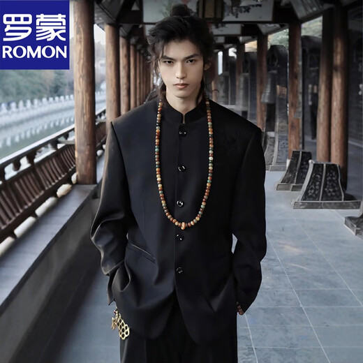 ROMON New Chinese style tunic suit, Chinese style stand collar loose suit suit for men's wedding and engagement, Chinese style high-end black jacket + pants XL