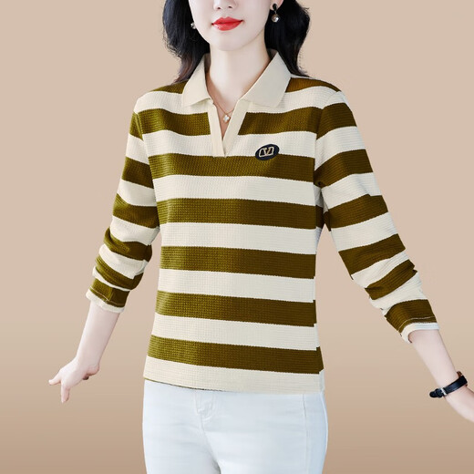 Fangluyu long-sleeved T-shirt for women spring and autumn new style middle-aged mother high-end cotton lapel POLO shirt casual T-shirt loose T-shirt 6636 coffee one size fits all L recommended to wear 95-109 Jin Jin equals 0.5 kg