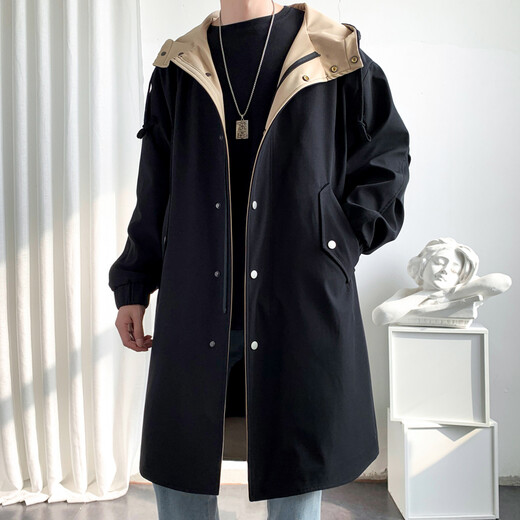 Lovren autumn and winter new style windbreaker men's mid-length coat knee-high contrast coat European and American style trendy cloak men's pie jacket black L (suitable for 125-140 Jin Jin equals 0.5 kg)