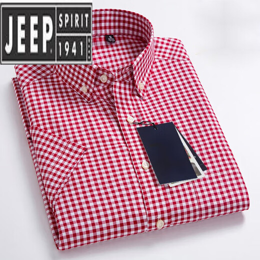 JEEP SPIRIT夏季仿纯.棉小格子衬衫男短袖薄款韩版修身潮流休闲仿棉半袖衬衣 绿色 PULO-F983 40