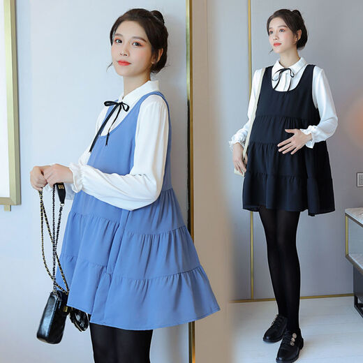 Little Squirrel of Wei Love, Maternity Women's Autumn Dress, Spring and Autumn Tops, Set de estilo de sabor pequeño de dos piezas de dos piezas, 9856 Vestido negro Estilo de verano (Single) M Recomendado 115Jin [Jin iguala 0.5 kg] o menos