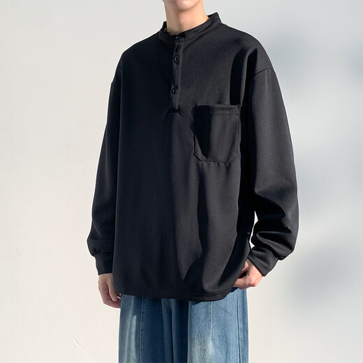 Homlean American retro long-sleeved T-shirt men's autumn Henry collar loose casual sweatshirt bottoming shirt HM07 black 2XL