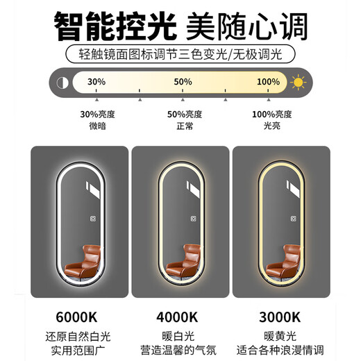 LA PRAIRIE德国 轻奢试衣镜led带灯全身镜贴墙智能镜子壁挂穿衣镜挂墙家用 金色单触无极调光(调亮度)-白光 60*165cm