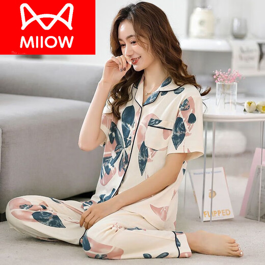 Catman (MiiOW) pure cotton middle-aged and elderly pajamas for women short-sleeved long trousers large-size cardigan thin two-piece lapel home clothes YMY 671 L 100 120Jin [Jin equals 0.5 kg]