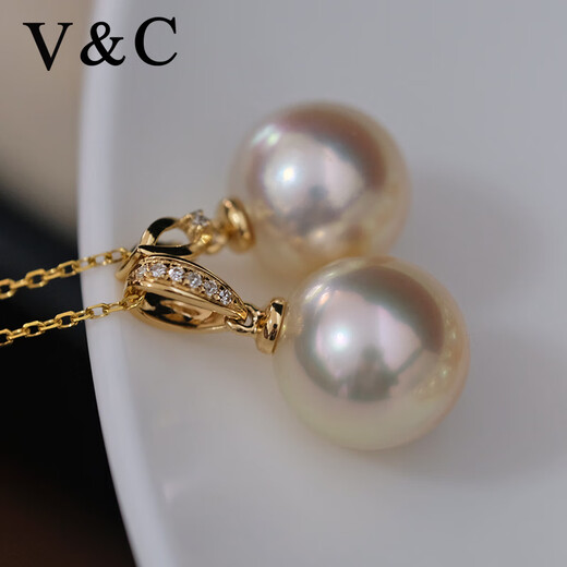 V&C18K Diamond Australian White Dry Rose Pendant Champagne Seawater Pearl Necklace Perfect Round Extremely Bright 10-11 10-11mm Style 2 (excluding chain)