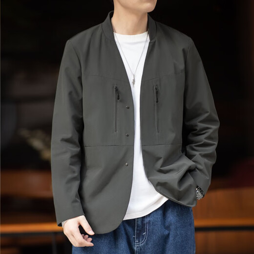 马登工装 美式休闲无领西装外套男机能百搭夹克通勤免烫西服上衣 深灰色 M