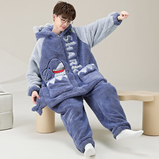 盛束鲨鱼男士秋冬款大码连体睡衣2024款青少年长毛绒加厚珊瑚绒家居服 YPF连体绒3892蓝鲨鱼 M码【160cm/95斤】