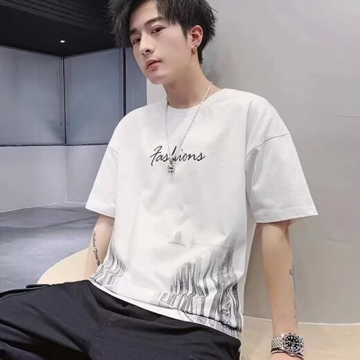 牧臧霸短袖t恤男士夏季薄款ins印花半袖圆领体恤衫男装修身半截袖上衣 829灰色 L (100-120)斤
