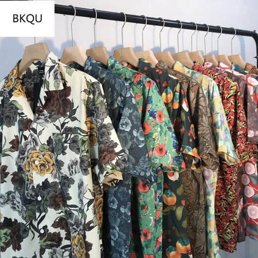 BKQU2023港风vintage花短袖衬衫男情侣夏季复古潮牌古巴领夏威夷宽松 x693 L