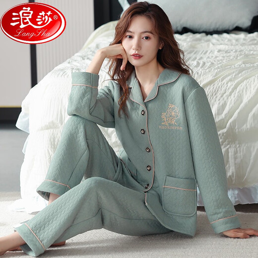 浪莎（LangSha）秋冬季空气棉夹层睡衣女纯棉长袖夹棉加肥妈妈家居服套装居家服 844薄.款 M