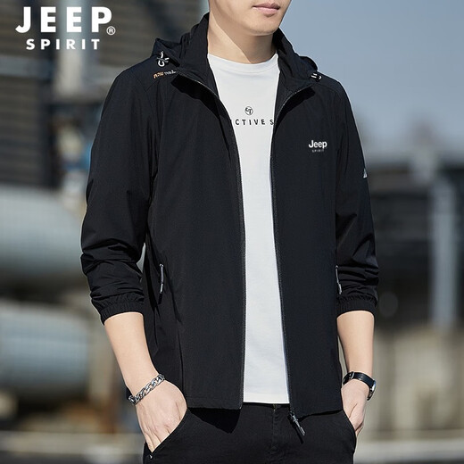 JEEP SPIRIT sun protection clothing men's summer ice silk thin breathable jacket men's removable hood high elastic sports fishing sun protection clothing black L