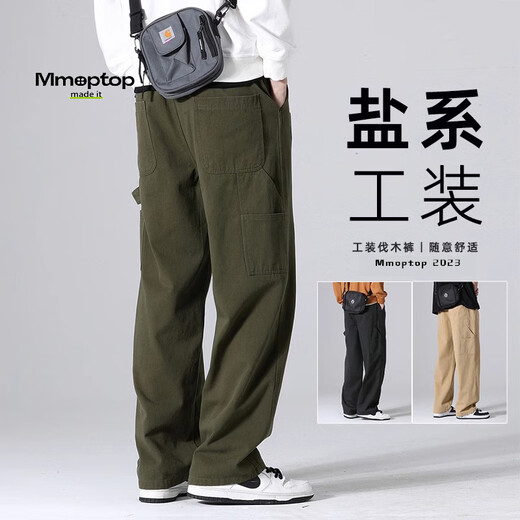 MMOPTOP Japanese overalls men's autumn and winter loose cotton retro logging straight casual pants 8335 military green L
