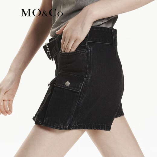 MO&Co. Cool low-waisted denim culottes with cargo pockets, A-line shorts, rock wash and belt, Moanco, denim black, M 27