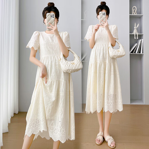 Nanding Yagre Maternity Robe Summer Nouveau Robe de maternité brodée Original Coton pur Hot Mom Jupe de maternité moyenne Longueur Abricot Couleur L 110-125Jin [Jin est égal à 0,5 kg]