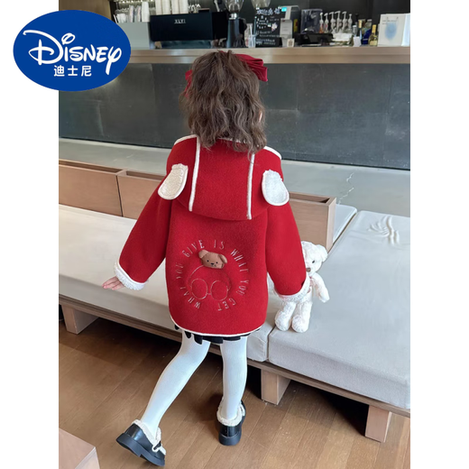 迪士尼（Disney）女童加绒羊羔毛外套秋冬2024新款洋气时髦儿童女宝宝皮毛一体冬装 红色小熊加绒外套 110建议身高100以下3-4岁