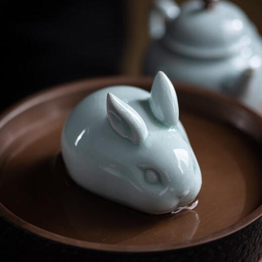 Tinghuai Kiln Ru Kiln Cute Rabbit Ceramic Tea Pet Ornaments Desktop Ornaments Ru Kiln Open Slices Can Raise Kung Fu Tea Ceremony Accessories Egg Green Lucky Cute Rabbit
