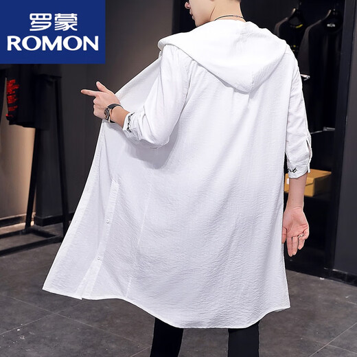罗蒙（ROMON）防晒风衣男士中袖薄款长款开衫上衣夏季新款纯色简约短袖外套男 白色902中袖翻领长款 M