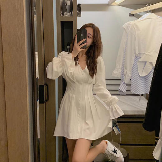 Xiwu französische sanfte stile Datum kleiner weißer Rock Frühjahr Neue Luxus luxuriöser Socialite Erste Liebe Langarmes Kleid weißes Kleid Eins Größe S 95-108jin [Jin ist gleich 0,5 kg]
