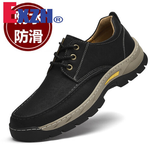 EXZH brand genuine leather outdoor sports hiking shoes men's casual leather shoes daddy's anti-slip cowhide thick sole waterproof tooling wide version 9715 black 39