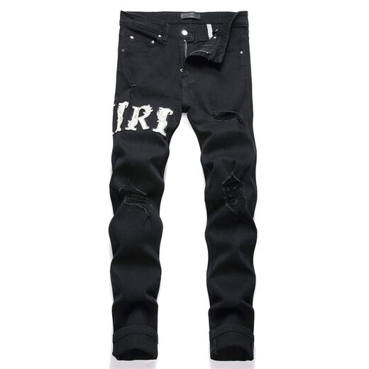 Fei Shimi New Style High Street Herren Ripped Jeans bestickt S Tight Mid-Tendy Herren trendy lässige schwarze Hosen Schwarz 3523 29