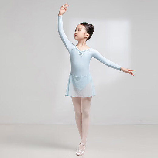 Sansha Ballet Practice Clothes Children's Dance Clothes Long Sleeve Skirt Chiffon V-Neck Lace Jumpsuit Skirt Light Blue S