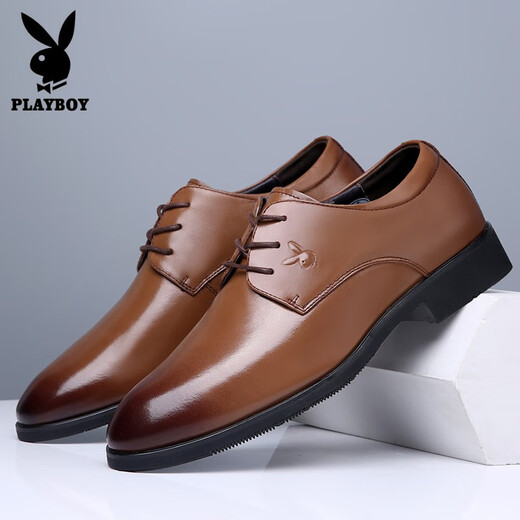 Playboy leather shoes men's business formal wear rest spring top layer cowhide groom fashion men's shoes men's leather shoes 1591 brown 38