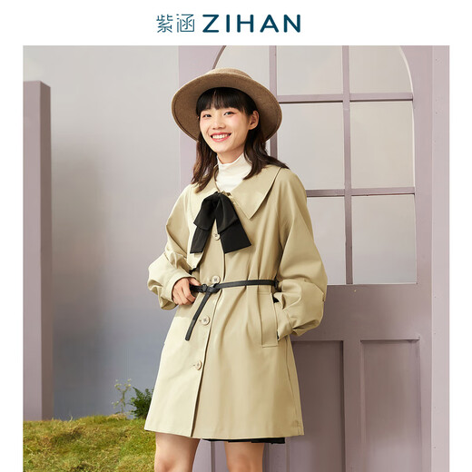 紫涵（ZIHAN）森友会灯笼袖领结中长款风衣外套腰带百搭显瘦 云石绿 XS