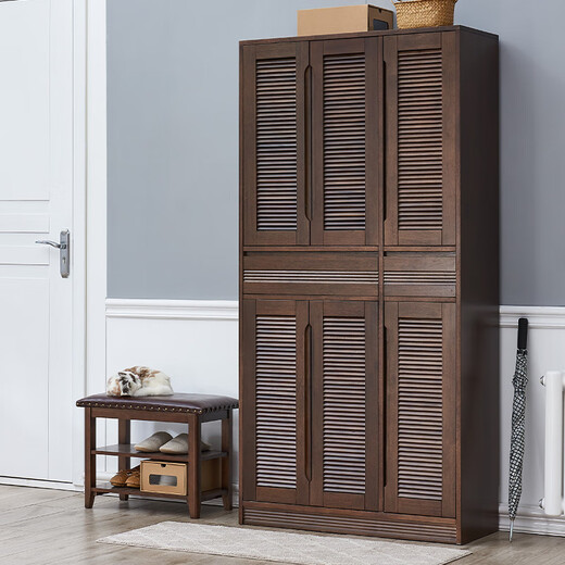 JIAYI shoe cabinet solid wood home door large capacity simple modern entrance cabinet balcony storage cabinet American high cabinet six doors walnut color