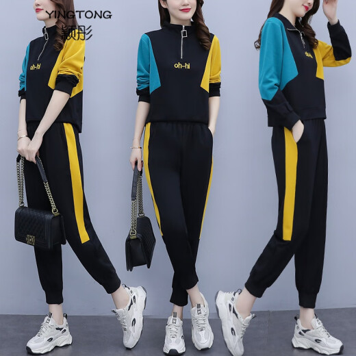 Yingtong large size sweatshirt women's 2021 autumn new style fat mm fashion splicing slimming belly cover suit age reduction two-piece set 3690 picture color 5XL