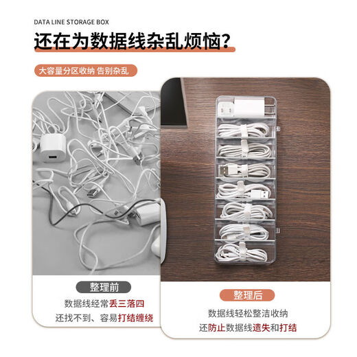 Canshu Data cable storage artifact Mobile phone charging cable charger partition sorting desktop transparent storage box winder Transparent 8 grid without cover