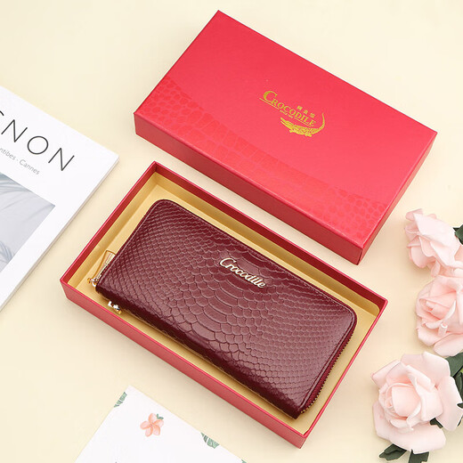 Crocodile shirt first layer cowhide long wallet snake pattern clutch bag women's fashion simple mobile phone bag T1983 wine red
