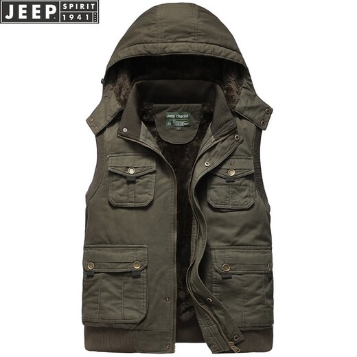 JEEP velvet thickened warm hooded multi-pocket vest middle-aged and elderly winter men's waistcoat pure cotton vest loose vest No. 1 Army Green Army Green Plus Velvet Plus Velvet 4XL 190Jin Jin is equal to about 0.5 kg