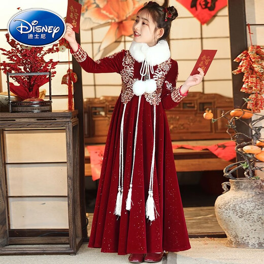 迪士尼女童汉服冬季加厚连衣裙2024新款中大童复古喜庆拜年服儿童唐装冬 9855红色加厚+毛领 140