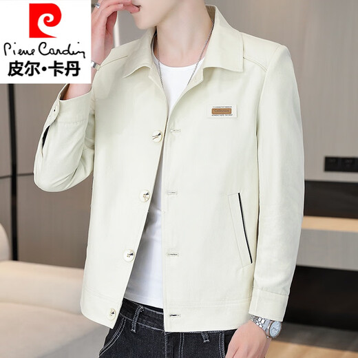 Pierre Cardin Lapel Casual Jacket Men's Jacket 2025 Spring and Autumn New Trendy Handsome Youth Workwear Jacket Men's White XL 120-135Jin Jin is equal to 0.5 kg