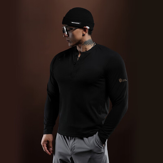 Monster Guardians Men's Long Sleeve Fitness Clothing Gold Stamping Logo Slim Fit Henley Moisture-wicking Sports Training Clothing Black M