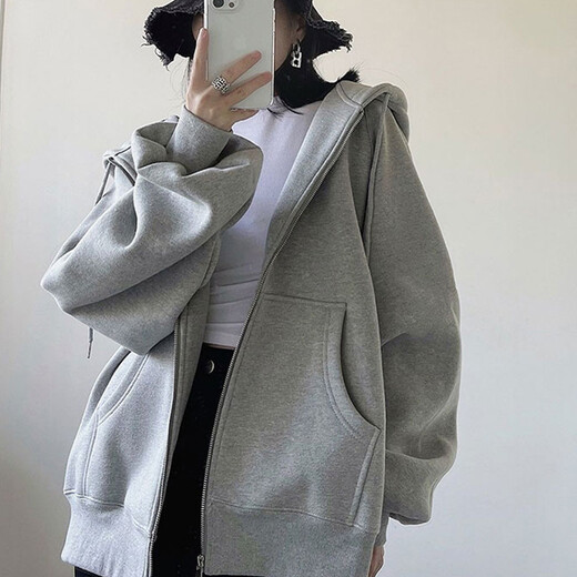 OYZ trendy gray hooded sweatshirt for women spring and autumn thin vintage zipper cardigan jacket new loose trendy ins gray M